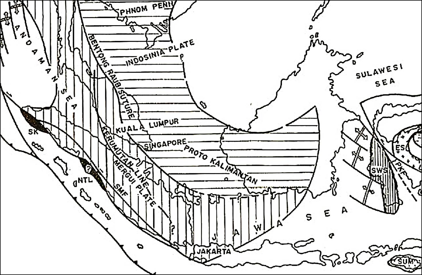 Geologic setting of Borneo island (Hartono and Tjokrosapoetro 1986).  In this 'traditional' model, the core of Borneo is part of Triassic Sundaland, an extension of the Indochina plate, possibly also Sibumasu (diamond source?).