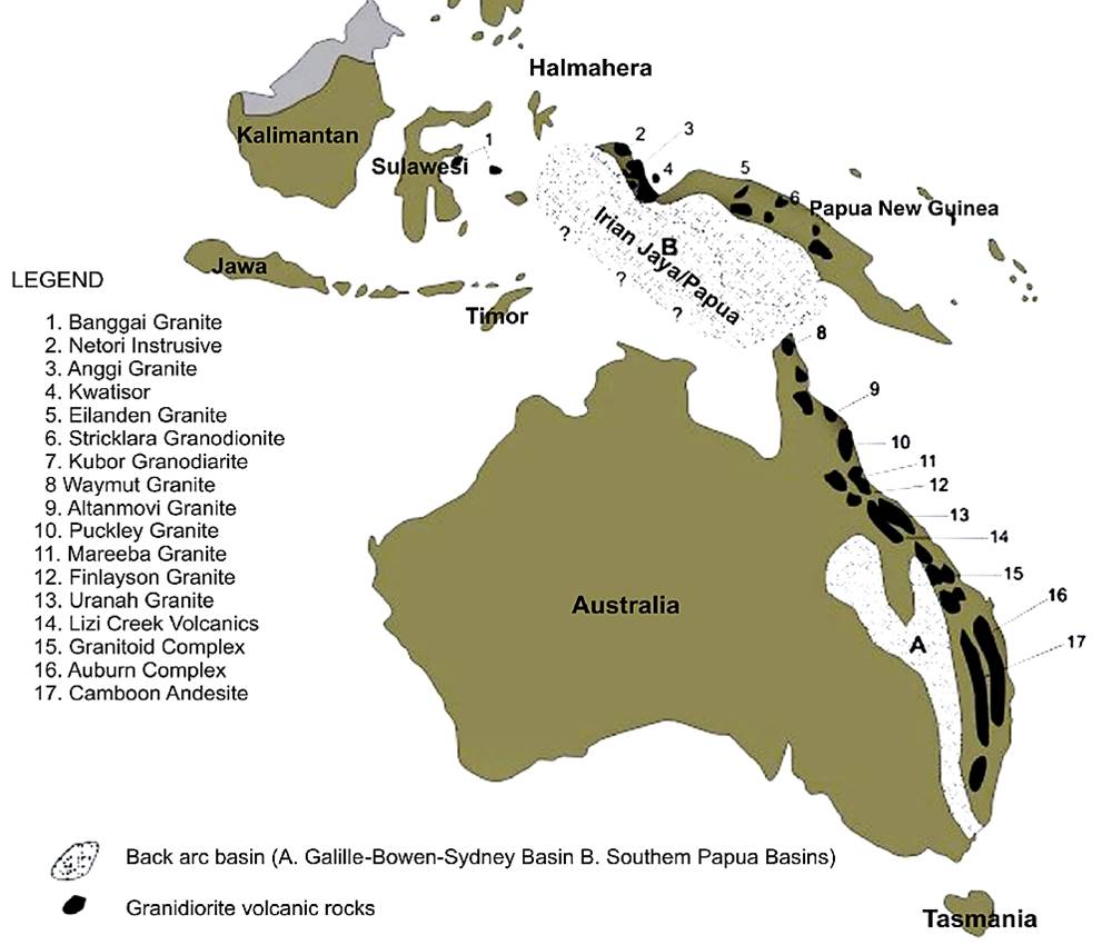 Permo- Triassic granitic plutons along the East Australian margin and in dispersed terranes of northern New Guinea (PNG, Birds Head) and Banggai-Sula, marking remnants of mainly Late Permian- Middle Triassic magmatic arc/ subduction along the active East Gondwanan margin (Amiruddin 2009).