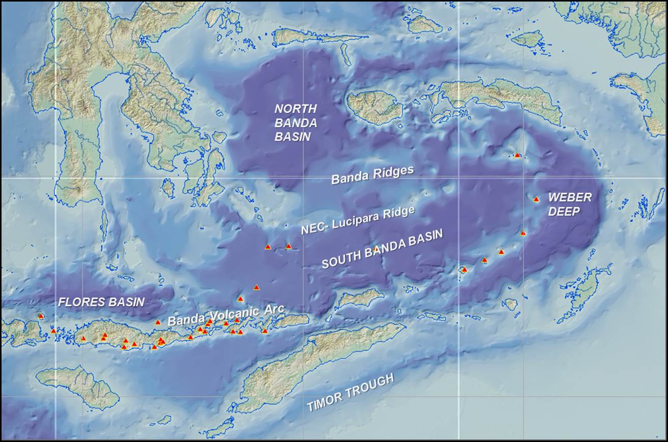 Bathymetric map showing North and South Banda Sea basins (behind the curved volcanic Inner Banda Arc), and the Weber Deep basin (between the volcanic arc and the non-volcanic Outer Banda Arc). Red triangles are active volcanoes.