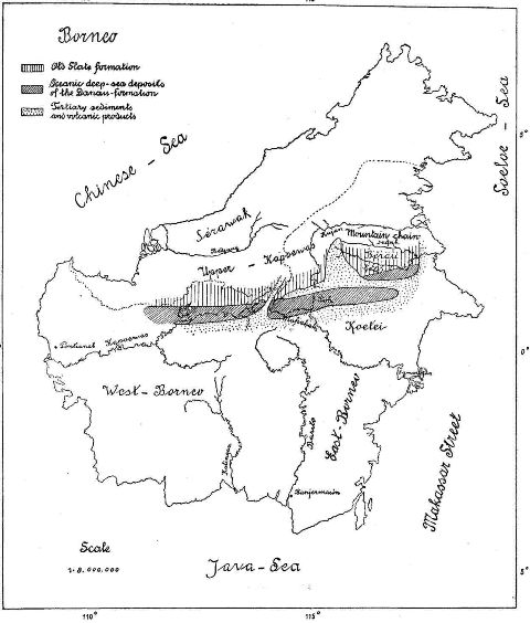 Early sketch map of Borneo, showing distribution of Jurassic-Cretaceous oceanic deposits of the Danau Fm (Molengraaff 1909)