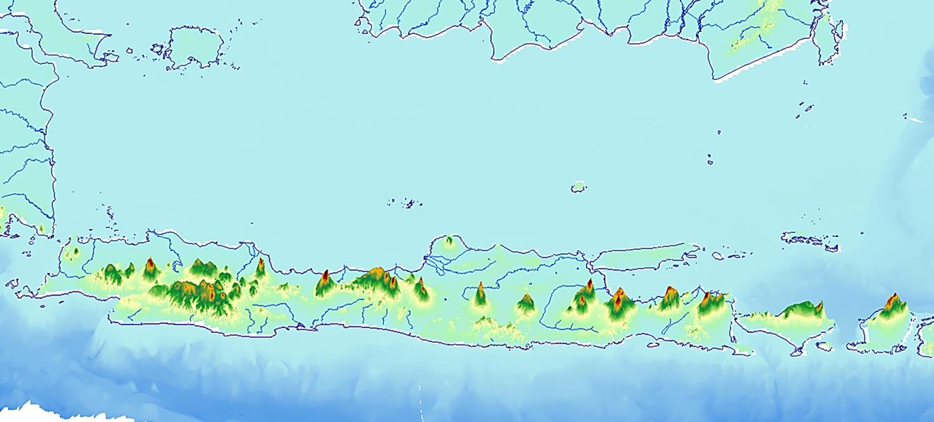 Volcanoes of Java are part of the active Sunda Arc, where large active volcanic centers tend to be spaced at ~70-80 km apart.