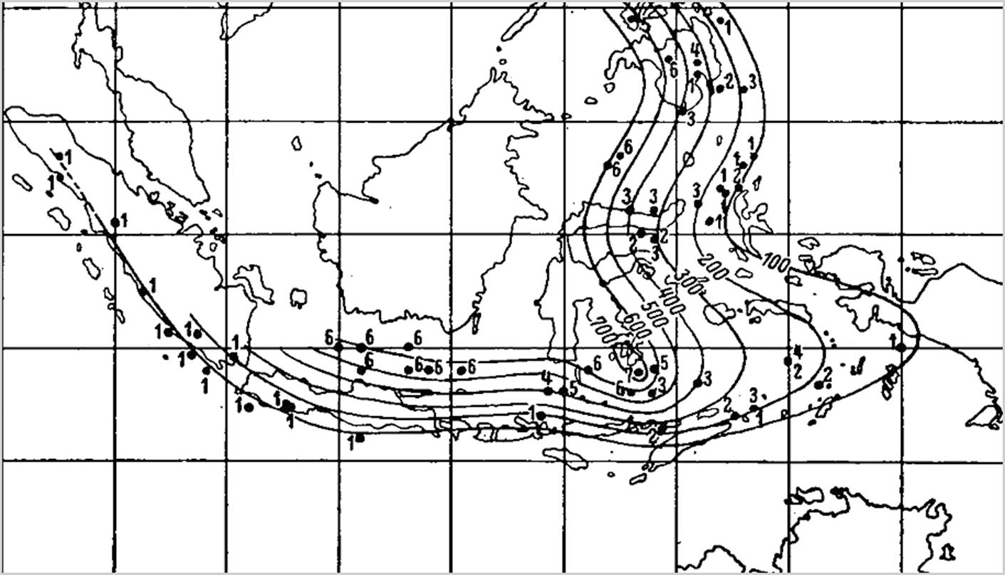 Depths of deep earthquake epicenters along land-ward dipping plane, now known as Wadati-Benioff zone (Berlage 1937).