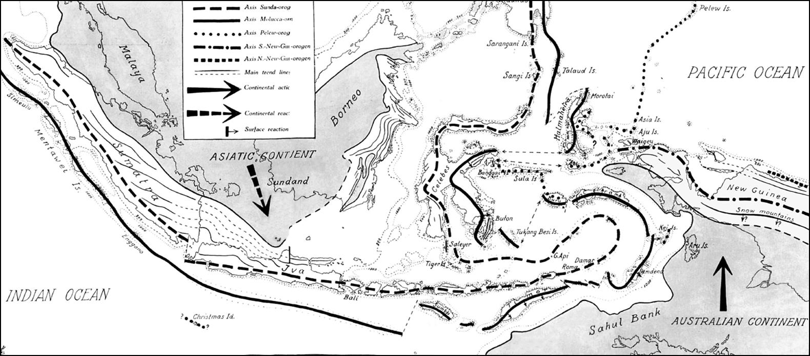 Early depiction of orogenic belts in the Indonesian region, and ‘Wegener style’ suggestion of converging Asian and Australian continents (Smit Sibinga 1933).