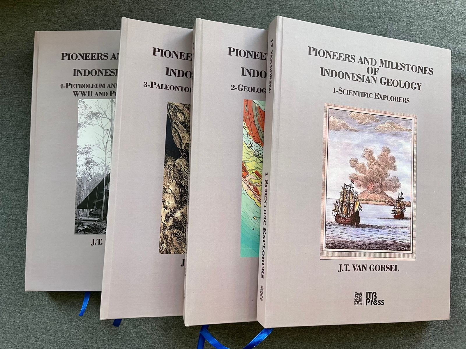 van Gorsel, 2022, Figure 2. The covers of the four volumes of Pioneers and milestones of Indonesian Geology